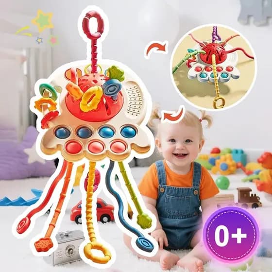 Brinquedo Montessori Tátil para Bebês de Polvo Puxável Interativo Sonoro Mastigável Desenvolvimento Sensorial