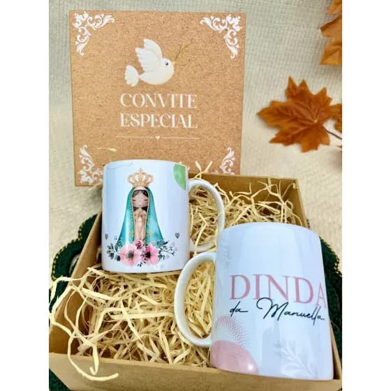 Caneca Padrinhos Batizado Caixa MDF Personalizada Batismo Presente Padrinho Madrinha Dinda Dindo