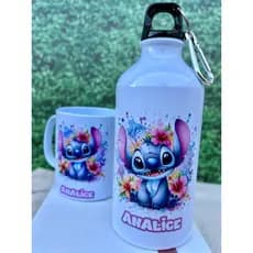 Kit Garrafinha Squeeze + Caneca Plástico Personalizada Infantil Stitch Nome Dia das Crianças Presente Infantil