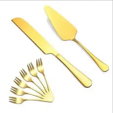 Conjunto Pá e Faca Dourada Inox + Garfos Sobremesa Luxo Tortas Pizza Bolos Sobremesas
