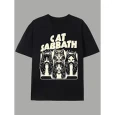 Bonito Camiseta Feminina Casual E Estilosa De Algodão Com Estampa Bem Humorada "Sabbath The Cat"