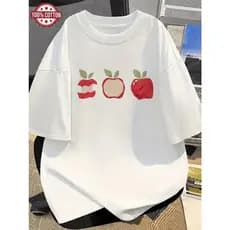 Bonito Camiseta Feminina De Manga Curta 100% Algodão Da Moda Com Uma Estampa De Maçã De Desenho Animado Fofa E Divertida