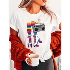 Bonito Camiseta Feminina Casual De Verão Em Algodão Confortável Com Estampa Retrô De Skate
