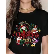 Bonito Camiseta Feminina Casual De Algodão Com Estampa Do Personagem Disney "Mickey's Merry Christmas Party 2025"