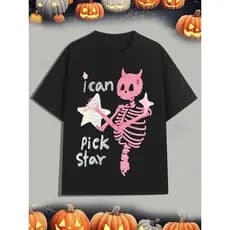 Bonito Camiseta Casual Feminina De Algodão Com Caveira Rosa Com Chifres, Estrelas E Estampa "I Can Reach Stars".