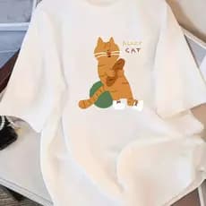 Bonito Camiseta Feminina Versátil De Verão Com Estampa De Gato Fofo De Desenho Animado