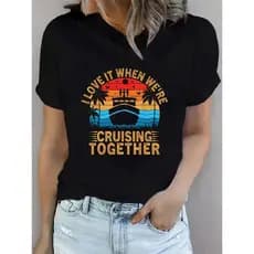 Bonito Camiseta Feminina Casual De Algodão, De Corte Solto, Com Estampa Vintage De Cruzeiro "Love Cruising With You"