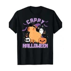 Bonito Camiseta Feminina De Algodão Com Estampa De Capivara E Motivos De Halloween, Como Abóboras, Fantasmas E Morcegos