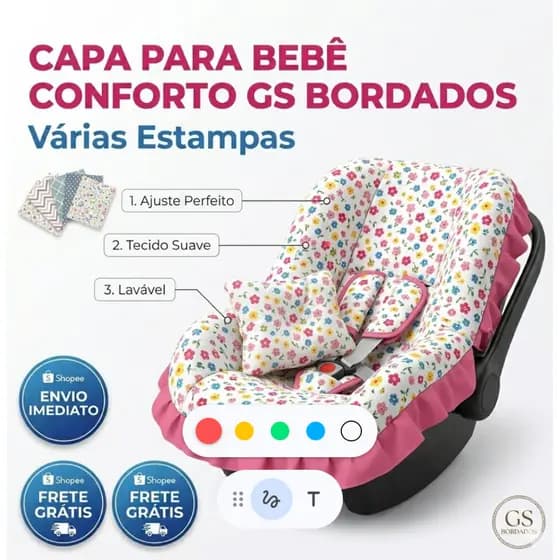 Capa de Carrinho + Almofadinha com Tecido Estampado 100% Algodão Nuvem Rosa Tamanho Universal