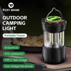 Lanterna de Camping WEST BIKING com Gancho, Recarregável, Lanterna LED de Alta Potência para Atividades ao Ar Livre, Lâm