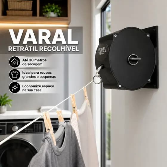 Varal De Roupas Retrátil Recolhivel Parede Seca Fácil Com Corda 30m Manivela Apartamento