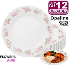 Kit Jogo 04/06/12 Pratos Rasos de Vidro Decorado Branco Flowers Pink 25,5cm Opaline Restaurante
