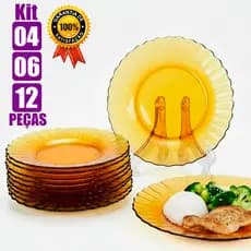 Jogo Kit de Prato de Vidro 04/06/12 Peças Cor Ambar Listrado Marrom Mesa Cozinha Restaurante