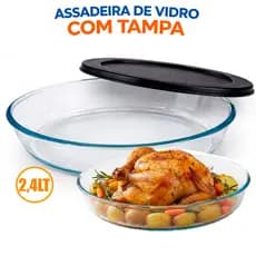 Assadeira de Vidro Temperado com Tampa 2,4 L Oval Vai ao Forno Micro-ondas Tipo Marinex