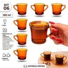 Jogo de 6 Xícaras Âmbar Sino De Vidro 190ml Kit com 6 Unidades para Chá e Café Resistente