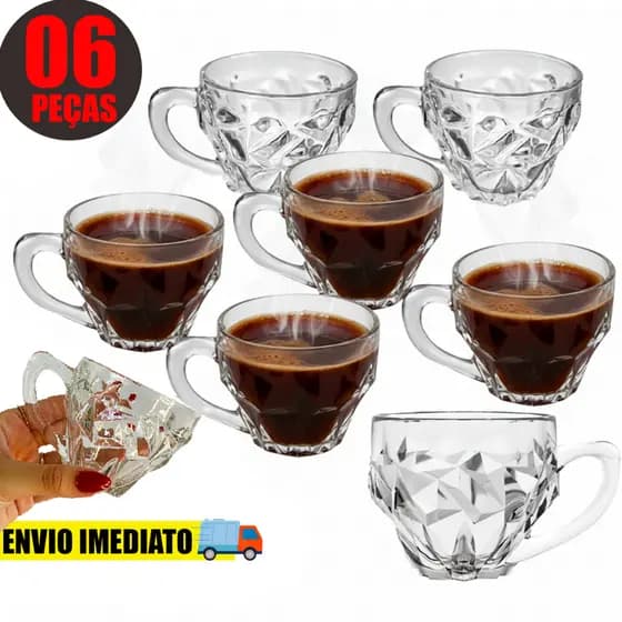 Kit Jogo de 6 Xícaras Diamond Rocks Abacaxi Bico de Jaca Transparente Vidro 185 ml Chá Cafe e Leite