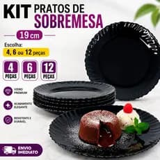 Kit Jogo 04/06/12 Pratos Black Sobremesa 20 Cm Modelo Pétala Design Moderno Luxo  Vidro Resistente