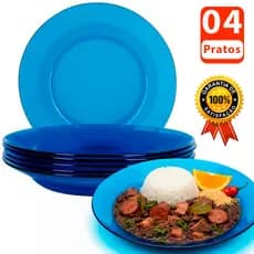 Kit Jogo de 4 Pratos fundos Azul oceano de Vidro Resistente semelhante duralex