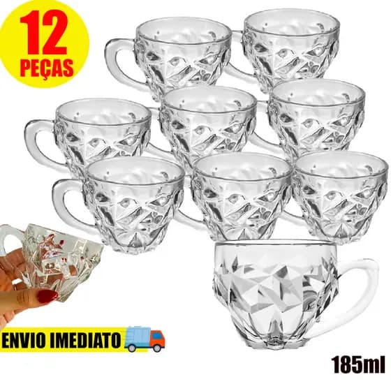 Kit 12 Xícaras Diamond Rocks Abacaxi Bico de Jaca Transparente Vidro 185 ml Chá Cafe e Leite