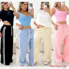 Calça Pantalona Track Pants Wid Leg, Listra Lateral, Elástico Na Cintura, Bolso, Tecido Duna