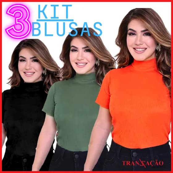 Kit 3 Blusas Femininas Caneladas Gola Alta Manga Curta Básica Moda Verão Ribana