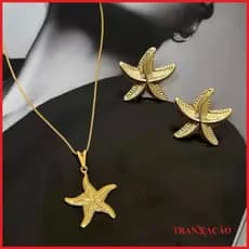 Conjunto Colar e Brinco Estrela Mar Moda Praia Banhado a Ouro
