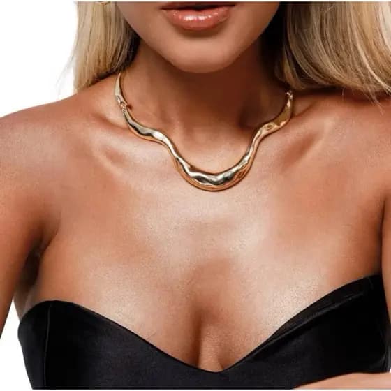 Colar Feminino Gargantilha Choker Ondulado Folheado prateado e dourado