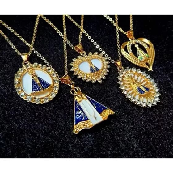 conjunto colar + brinco nossa senhora aparecida folheado com strass