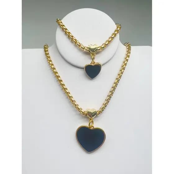 conjunto colar e pulseira de coração folheado dourado