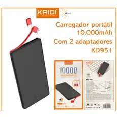 Power Bank 10.000mAh KAIDI KD-951 | Bateria Portátil com Cabo Tipo-C e Lightning para iPhone e Android
