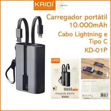 Bateria Externa Power Bank Kaidi KD-01P 10.000mAh 2 Cabos Integrados