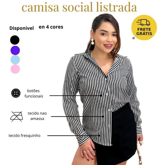 Camisa Social Feminina Manga Longa Listrada Crepe Premium Gola Colarinho Elegante Trabalho Igreja casual