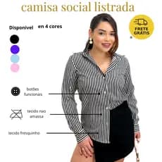 Camisa Social Feminina Manga Longa Listrada Crepe Premium Gola Colarinho Elegante Trabalho Igreja casual