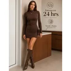 Vestido Feminino Canelado Ribana Premium Gola Alta Manga Longa Ajustado ao Corpo 🤎✨veste 36 ao 42