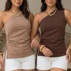 kit 2 blusas feminina drapeada amarraçao do lado tecido ribana canelado
