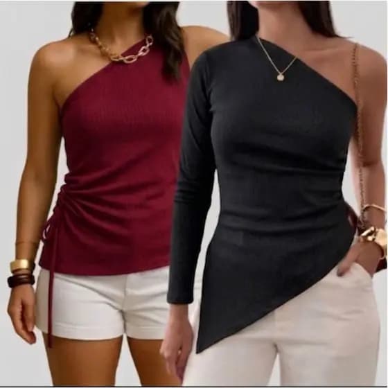 kit 2 blusas femininas drapeada amarracao lateral e nula manga assimetrica manga longa ribana premium 100% algodao
