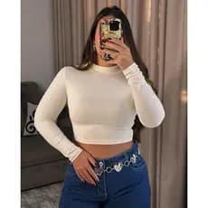 Croped manga longa feminino gola alta ribana premium 100% agodao tamanho único