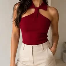 blusa feminina gola polo frente unica tecido canelado