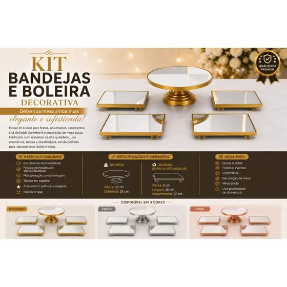Kit Boleira Luxo com 5 peças em Espelho l Suporte para Bolo l Decoração Festa l Mesa Posta l Casamento Aniversário