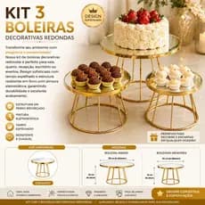 Kit Boleira Deluxe 3 Peças com Espelho em Ferro | Suporte para Doces, Bolo | Decoração Festa Casamento Aniversário