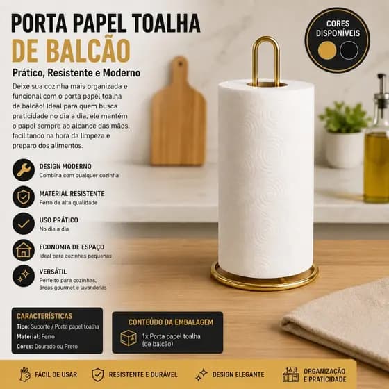 Suporte Papel Toalha de Bancada Luxo em Metal | Porta Papel Toalha Cozinha Decorativa Dourado Prata Preto Rosé Gold