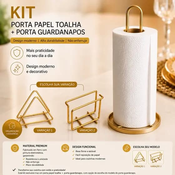 Kit Porta Papel Toalha + Porta Guardanapo Ferro Organizador de Bancada Cozinha Decoração Moderna Premium