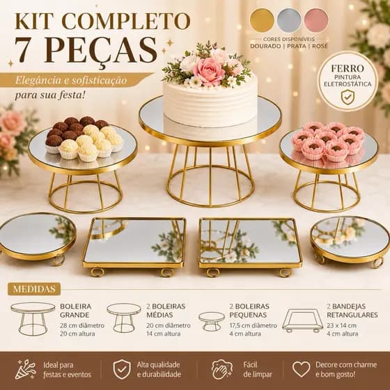 Kit Boleira Deluxe 7 Peças com Espelho em Ferro | Suporte para Doces, Bolo | Decoração Festa Casamento Aniversário