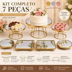 Kit Boleira Deluxe 7 Peças com Espelho em Ferro | Suporte para Doces, Bolo | Decoração Festa Casamento Aniversário