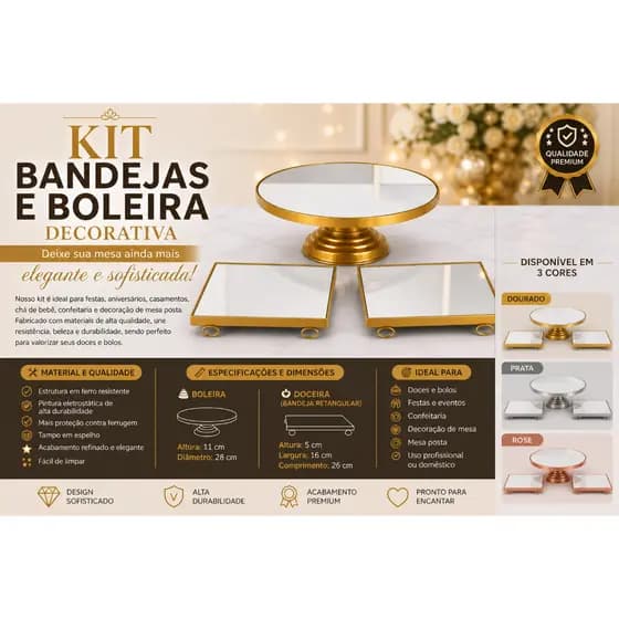Kit Boleira Luxo com 3 peças em Espelho l Suporte para Bolo l Decoração Festa l Mesa Posta l Casamento Aniversário