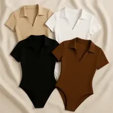 Kit 3 Bodi Polo Feminino Suplex Manga Curta Básico Premium Confortável Ajustado Gola Polo Elegante