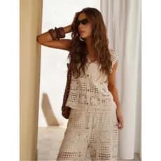 Conjunto Crochê Boho: Colete Branco sem Mangas com Crochê + Calças Praia Feminina para um Estilo Único na Praia