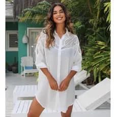 Vestido Camisa de Praia com Renda , Blusa Feminina Estilosa , Perfeito para Uso na Praia , Tecido Confortável.