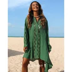Saída de praia verão protetora  com longo rendado Recortes  estilo camisa boêmio casual , Tecido macio respirável.