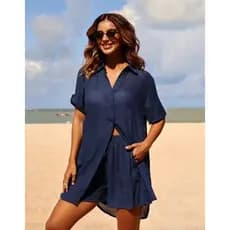 Conjunto de proteção solar, estilosas short e blusa, feminino saída de biquíni praia camisa. Proteção contra exposição.